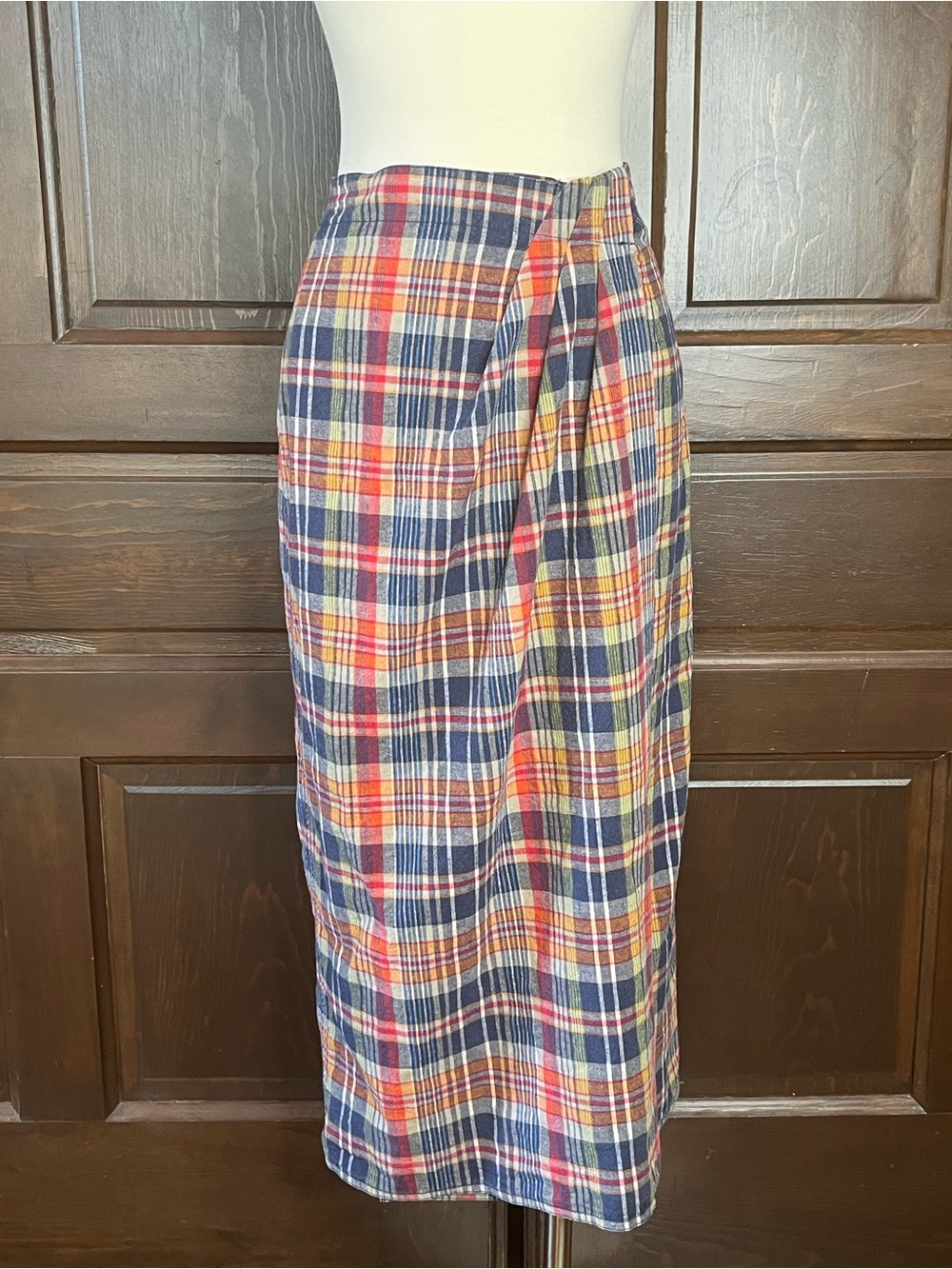 Vtg 90s Lizwear Linen Blend Plaid Wrap Midi Skirt Preppy Academia Women's Size 4